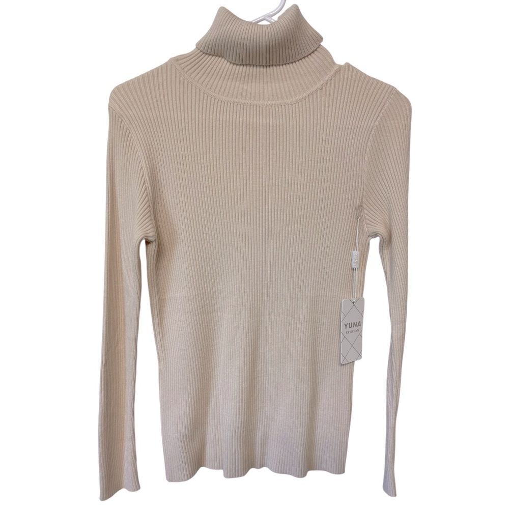 Yuna Fashion Cream Stretchy Turtleneck Sweater One Size